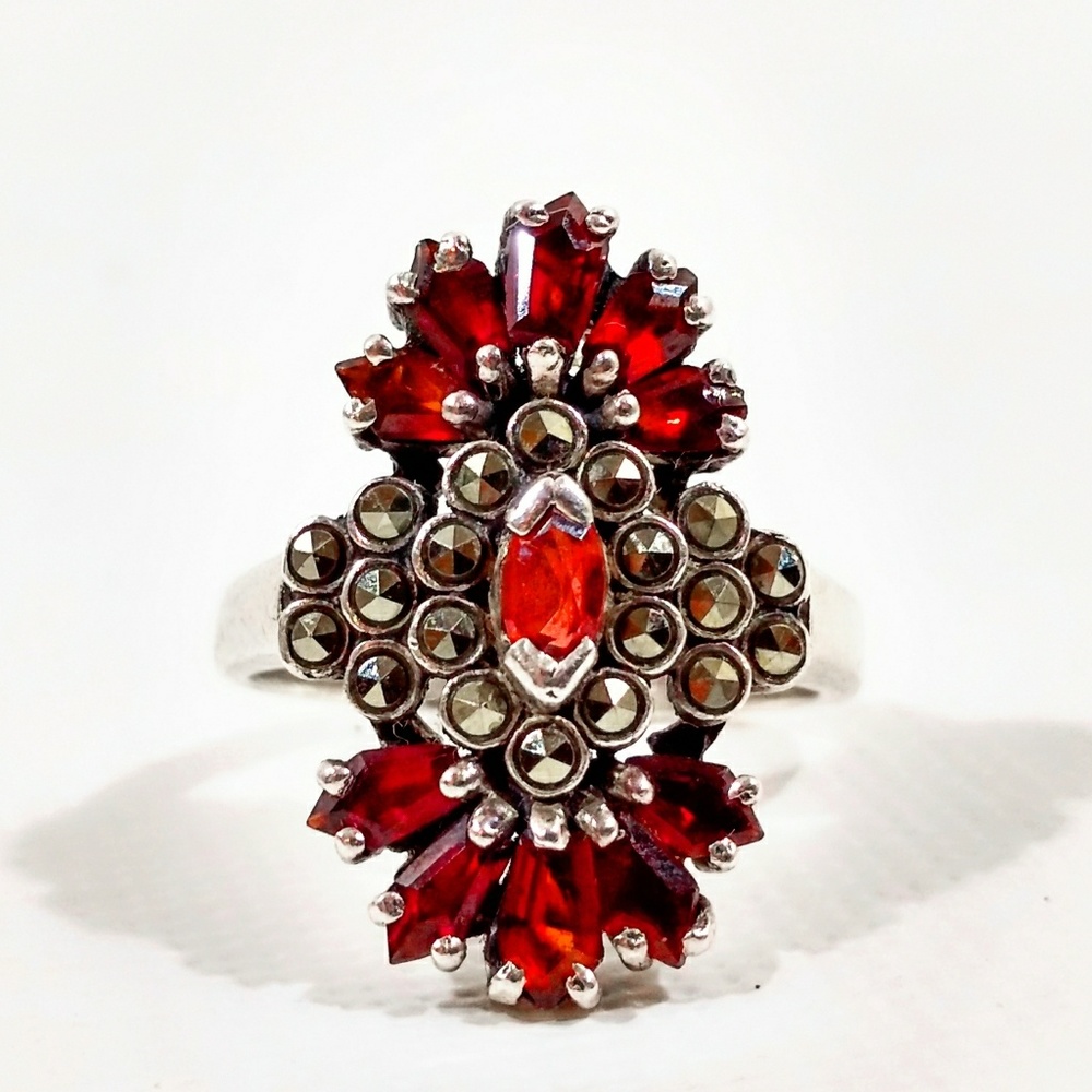 Antique Victorian Garnet & Marcasite Sterling Silver Ring-6